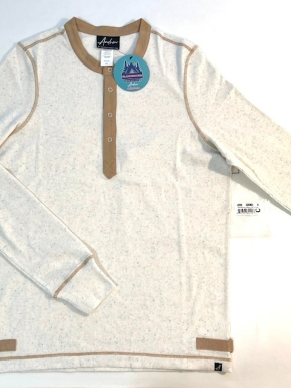 Andrew Christian Size "L" Glampground Long Sleeve Tee-Shirt - White Heather/Tan